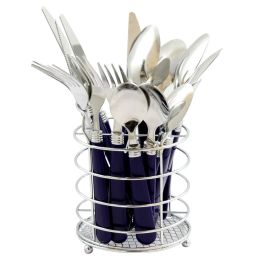 Gibson Sensations II 16 Piece Flatware Set with Cobalt  Plastic Handle with Wire Caddy